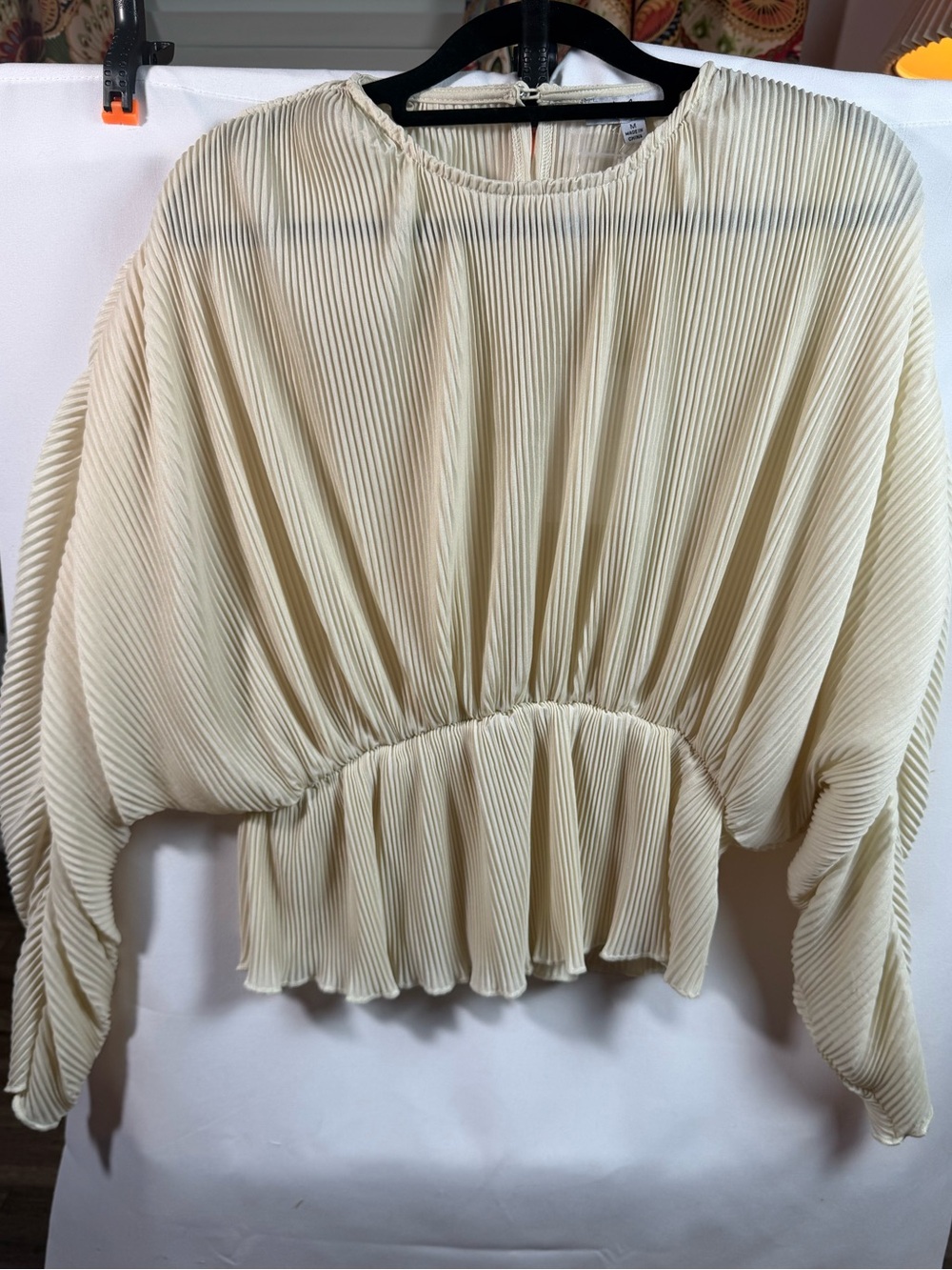 NWT Polagram Ivory Pleated Peplum Blouse Draped Sleeve M